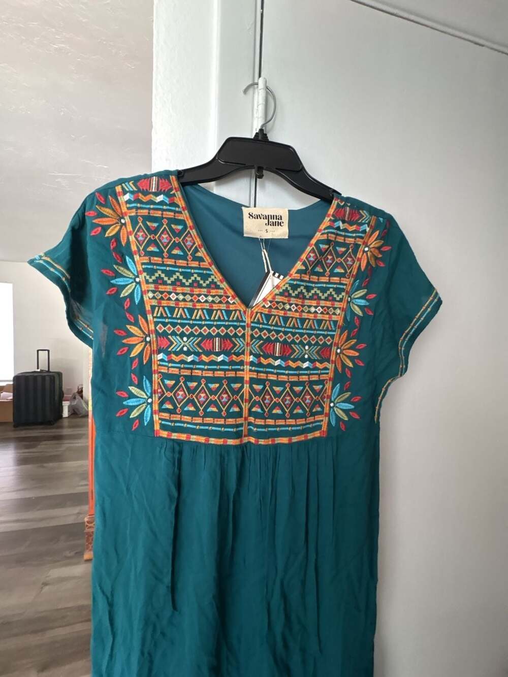 Savanna Jane Boho Style Teal Multi Color Embroidered Dress